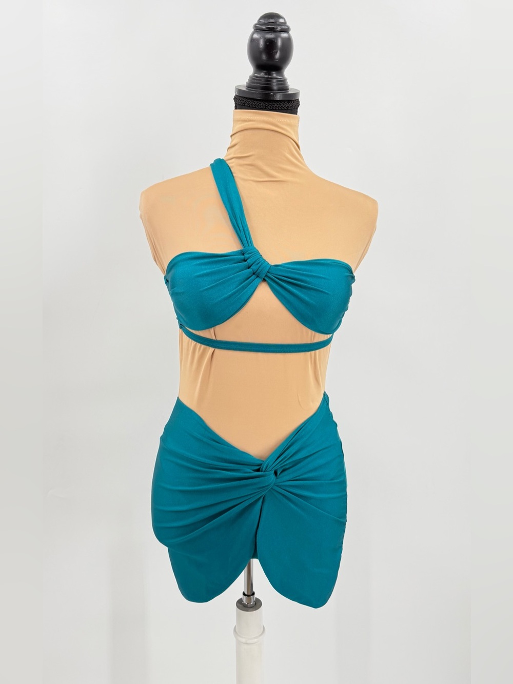 Teal One Shoulder twist front 3 piece Bikini Set XS Sarong Resort Vacation beach